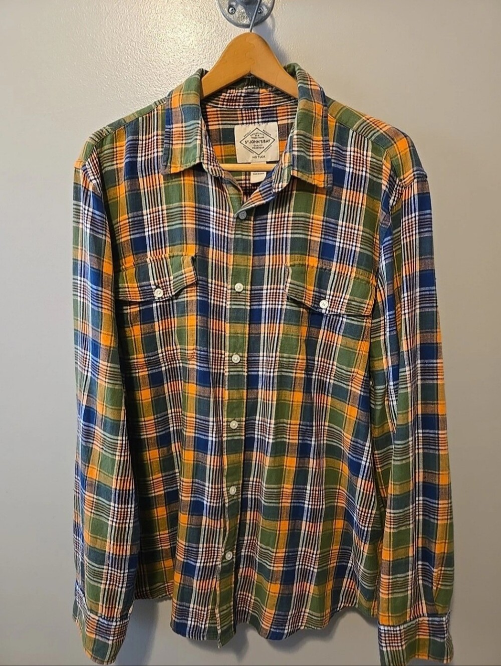 St. John's Bay Men's Plaid Flannel. Green Blue Orange Sz. XL